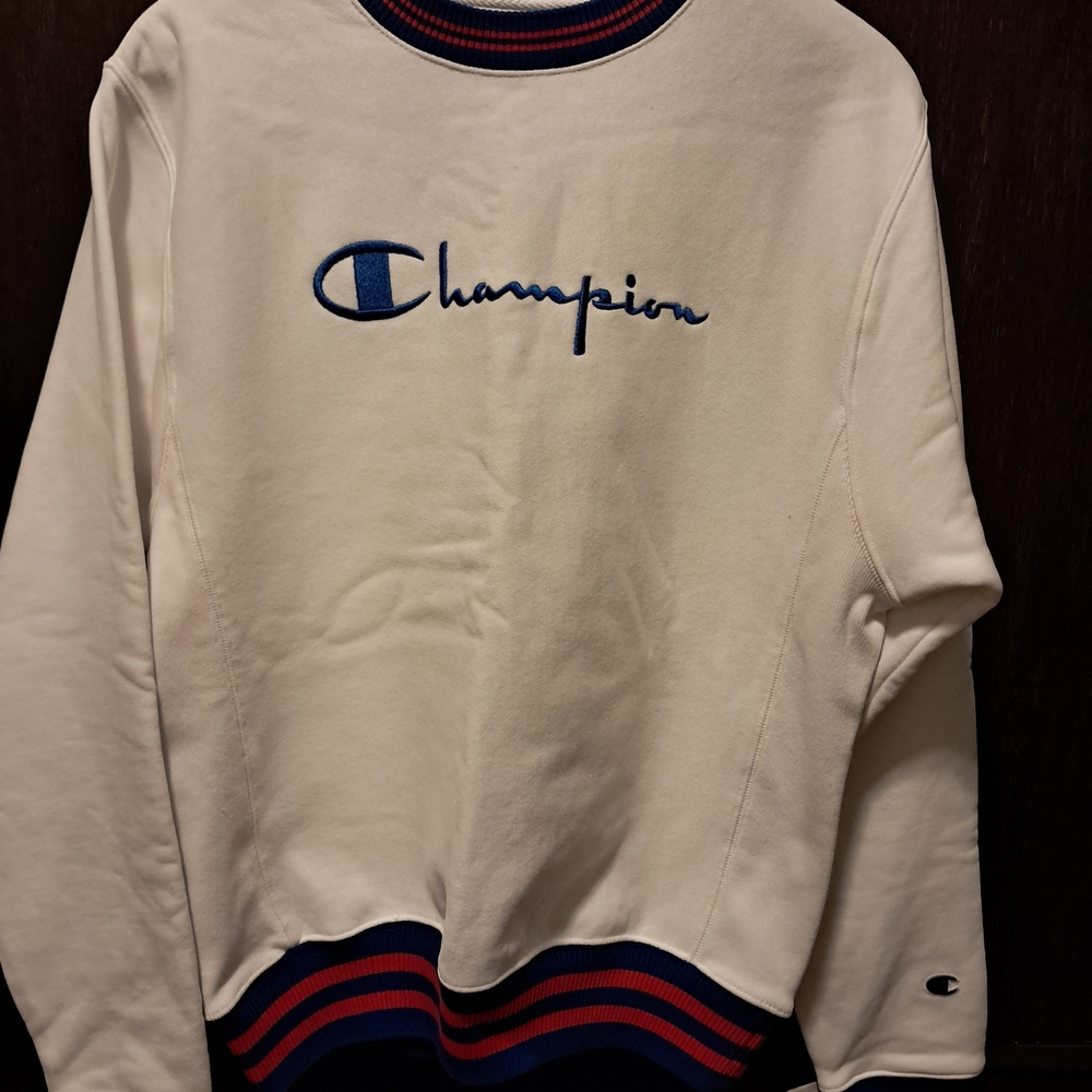 Champion White Sweatshirt with Blue and Red Accents